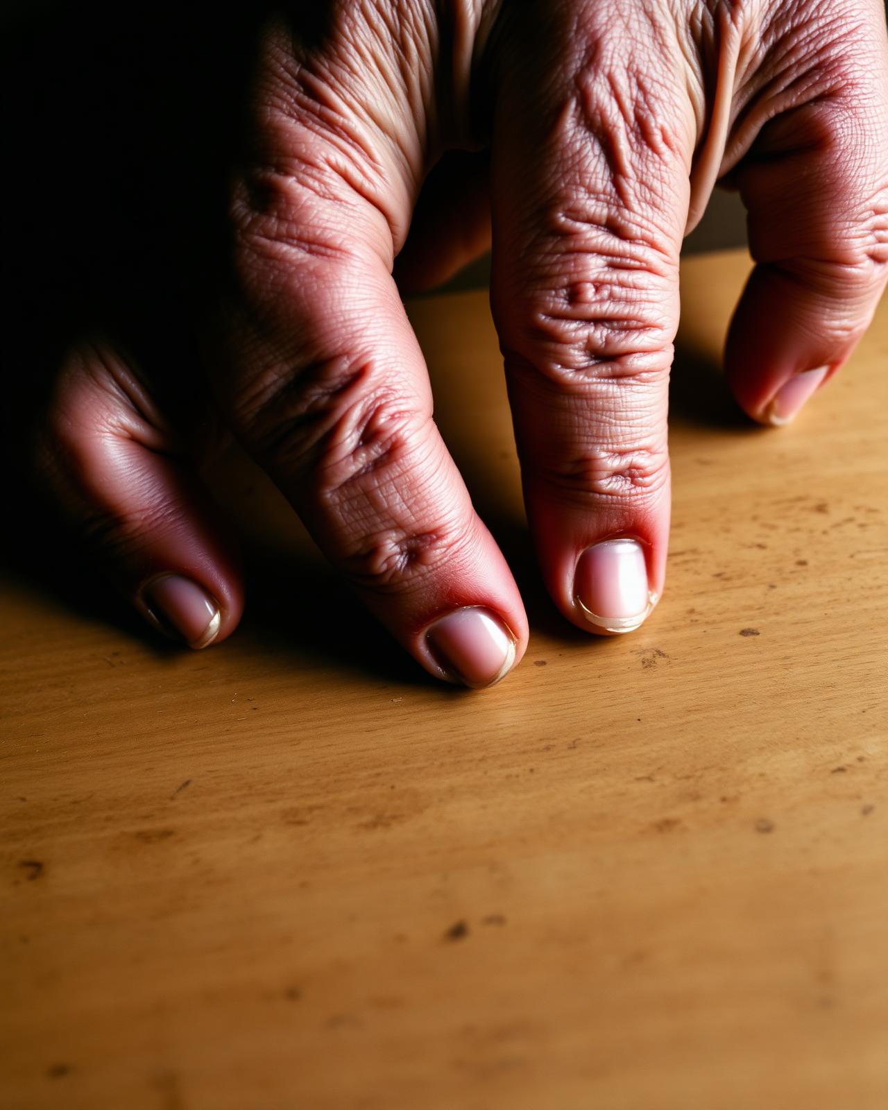 Close-up of weathered hands with arthritic knuckles