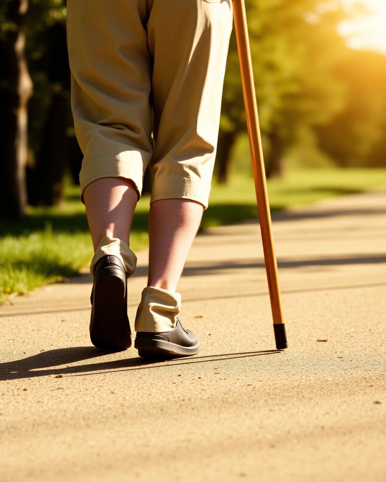 Person walking with a wooden cane on a sunlit path