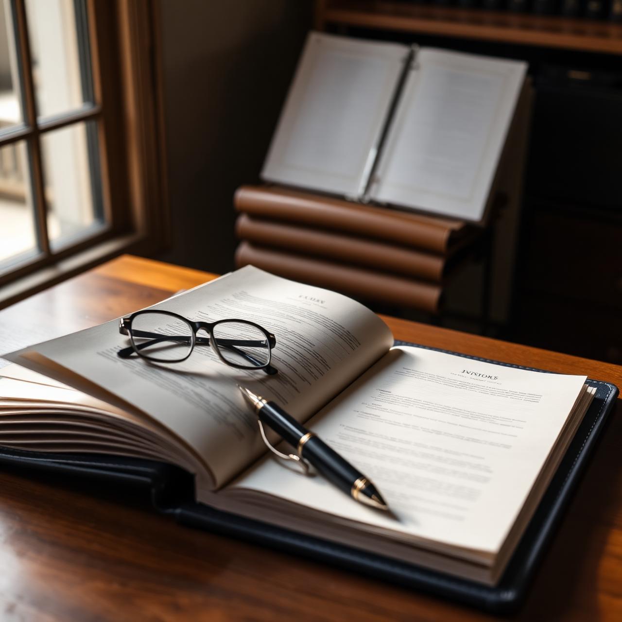 Open binder, reading glasses, and pen on a desk