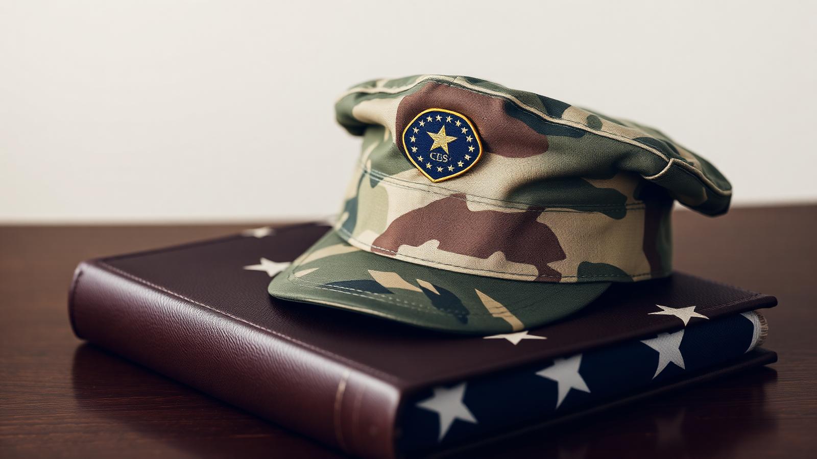 Service cap resting on a leather legal book and folded American flag